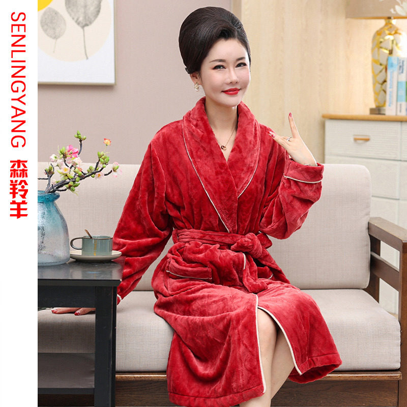 NIGHTGOWN FEMALE AUTUMN WINTER CORAL VELVET MIDDLE-AGED MOTHER PLUSH THICKENED FLANNEL WARM PAJAMAS BATHROBE MID-LENGTH