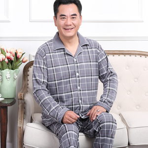 春秋季中老年爸爸长袖纯棉睡衣男士秋冬天胖子全棉加肥家居服套装