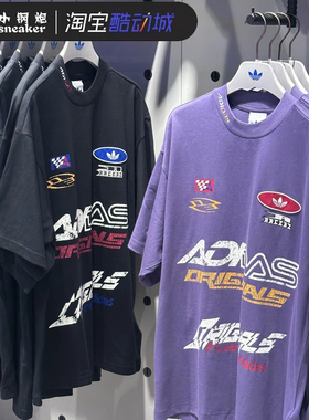阿迪达斯三叶草男女2025秋款赛车风纯棉运动短袖T恤KH1195 KH1196