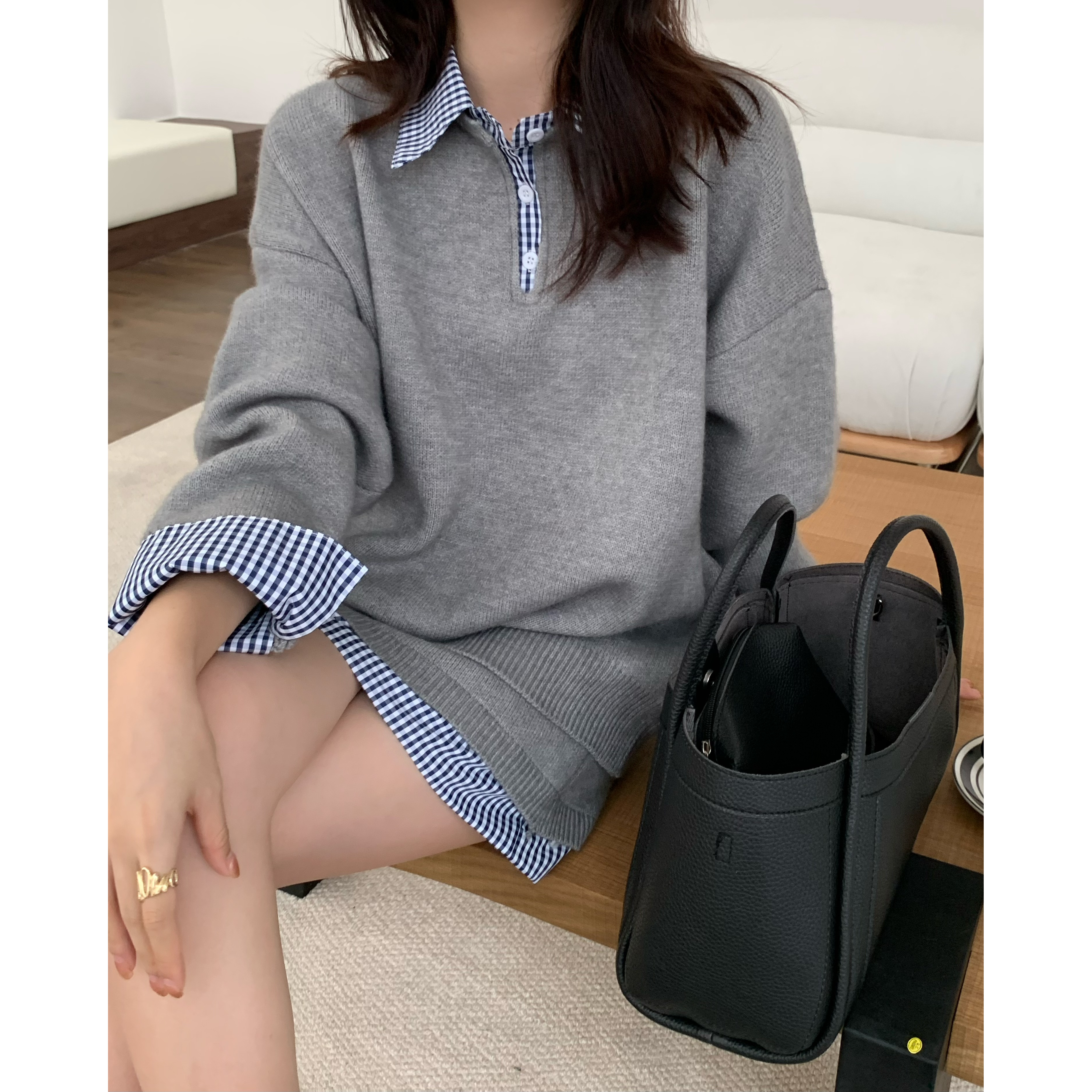 衬衫领拼接时尚针织套装