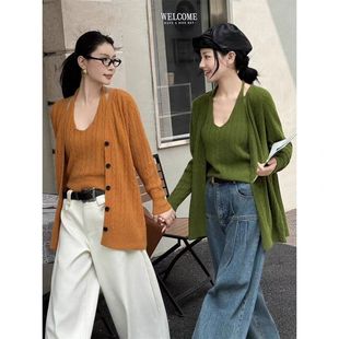 韩式麻花针织两件套女秋冬新款圆领吊带背心配中长款毛衣开衫外套