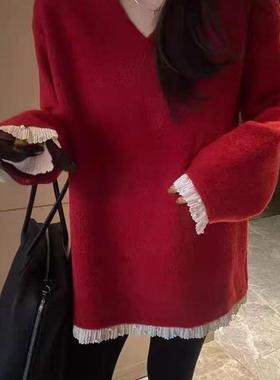 新年红色蕾丝花边V领毛衣女秋冬新款宽松慵懒风中长款打底针织衫