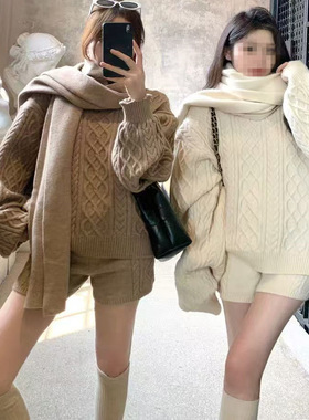 慵懒风宽松显瘦针织三件套女秋冬新款麻花毛衣短裤+围巾时尚套装
