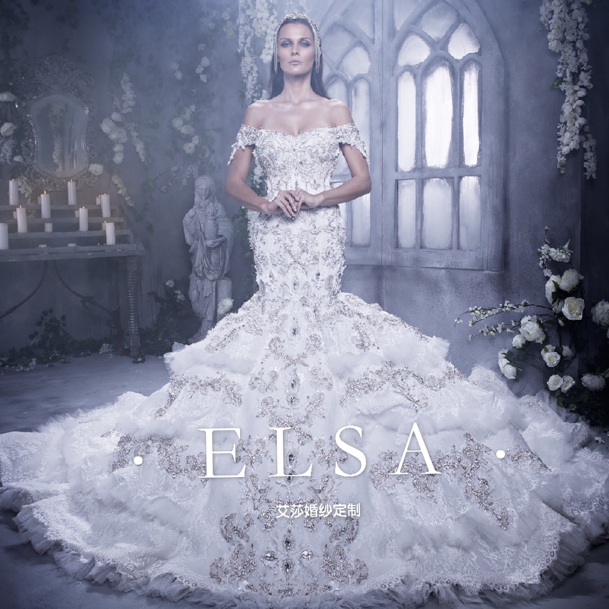 迪拜皇室重工水钻一字肩大拖尾婚纱 性感女王鱼尾婚纱礼服 主纱