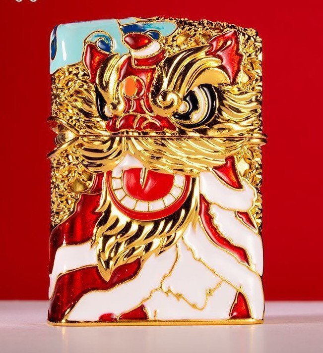 原装鸿运当头舞狮打火机国潮珐琅彩纯铜防风砂轮打火机送人礼品
