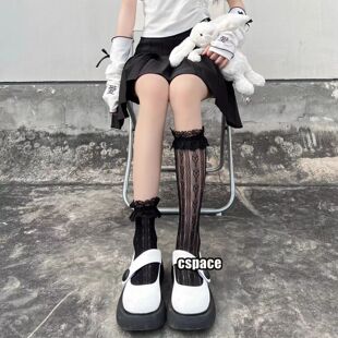花边竖条爱心袜女薄款 可爱白色镂空袜jk袜