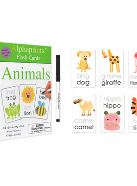 英文原版 Alphaprints Wipe Clean Flash Cards Animals 儿童动物词汇书写指纹活动卡片 盒装26张赠擦写笔