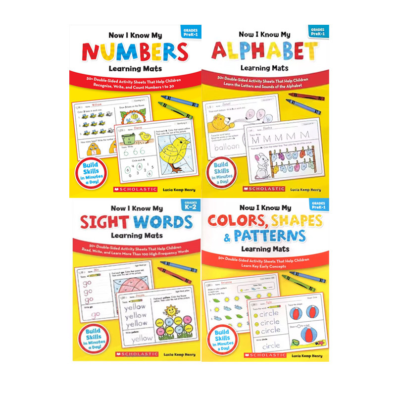 英文原版 Now I Know My Alphabe/Colors/Numbers Learning Mats/Sight Words 幼儿园级4册合售
