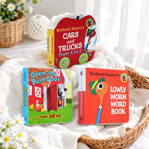 英文原版 启蒙认知纸板书3册 Richard Scarry Cars and Trucks from A to Z/Lowly Worm Word Book纸板书小卡车字母纸板书 斯凯瑞