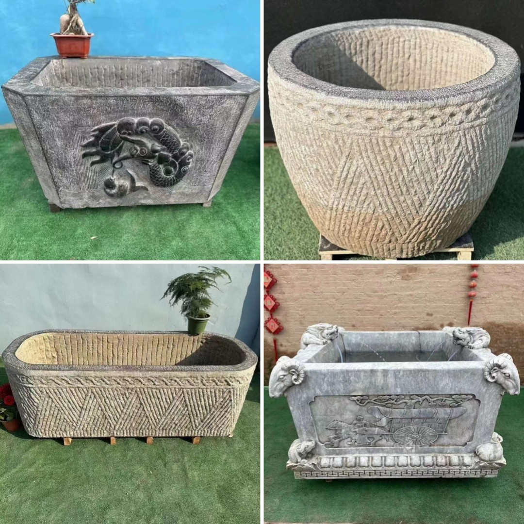 青石门海石雕鱼缸汉白玉庭院大缸水槽花盆户外养鱼荷花缸牡丹盆图片
