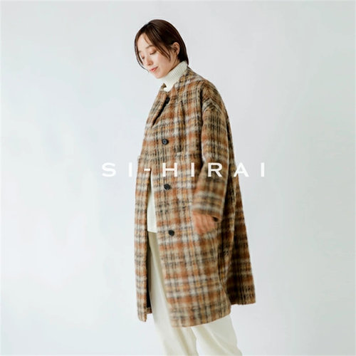 包邮包税 日本代购 SI-HIRAI 日本制 羊毛 格纹 长款 大衣 外套
