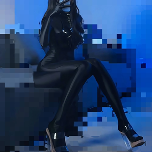 大码 高弹性感亮滑光泽瑜伽全身衣拉链免脱 外穿油光cos连体衣变装