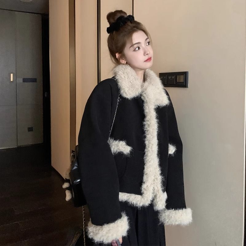 秋冬小香风羊羔毛灯芯绒毛绒外套