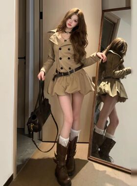 韩系学院风美拉德长袖连衣裙子女春秋季2025新款收腰a字花苞短裙