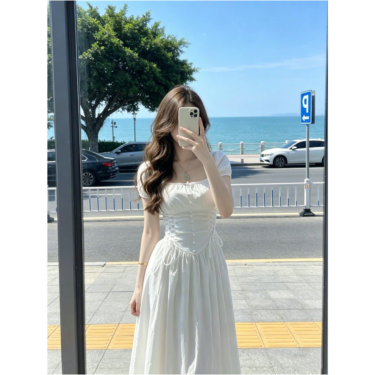 法式方领泡泡袖掐腰绑带连衣裙女