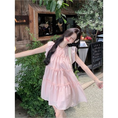 粉色小飞袖连衣裙奶昔甜美小个子