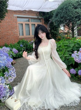 法式气质温柔风方领重工大裙摆网纱长袖连衣裙女春秋新款公主长裙