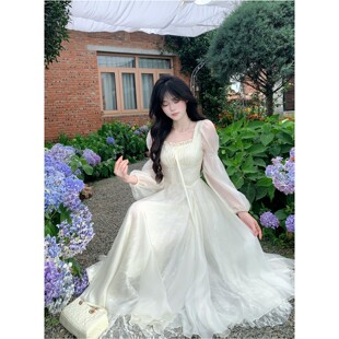 公主长裙 连衣裙女春秋新款 法式 气质温柔风方领重工大裙摆网纱长袖