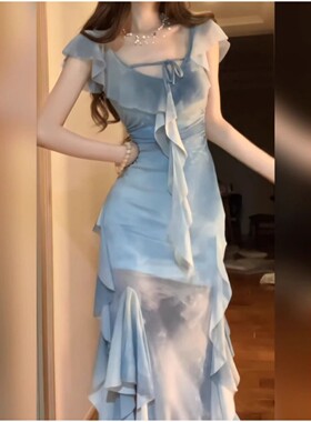 法式渐变蓝色包臀鱼尾连衣裙女夏新款气质晕染荷叶边仙气中长裙子