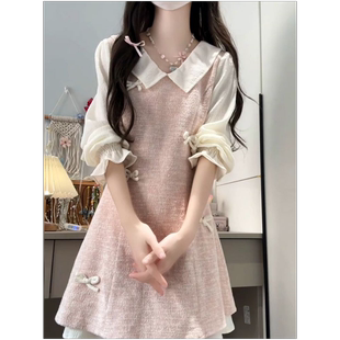 小个子绝美粉色连衣裙子女春秋季2025新爆款假两件miu系穿搭短裙