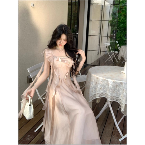 法式芳龄蝴蝶结缎光飘带连衣裙女