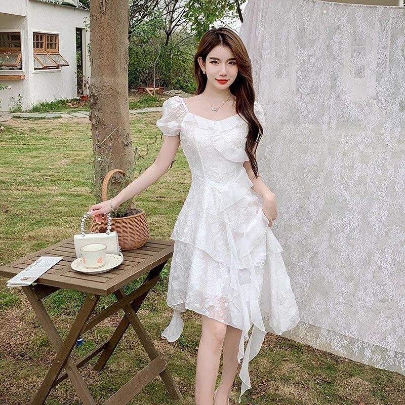 法式2025茶歇白色雪纺超仙连衣裙