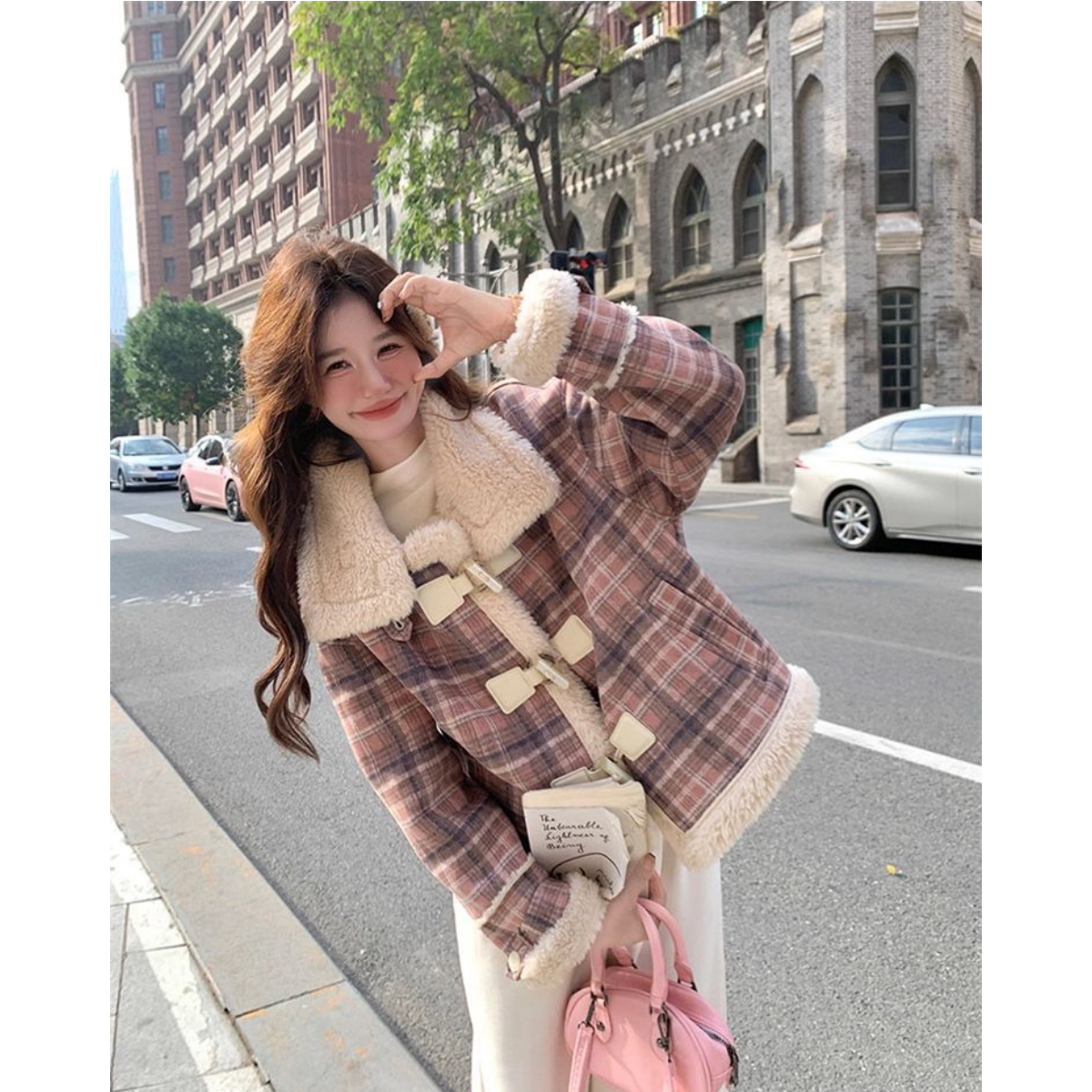 冬季格子羊羔绒加厚棉服外套女