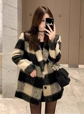 秋冬复古格子毛呢西装外套大衣女