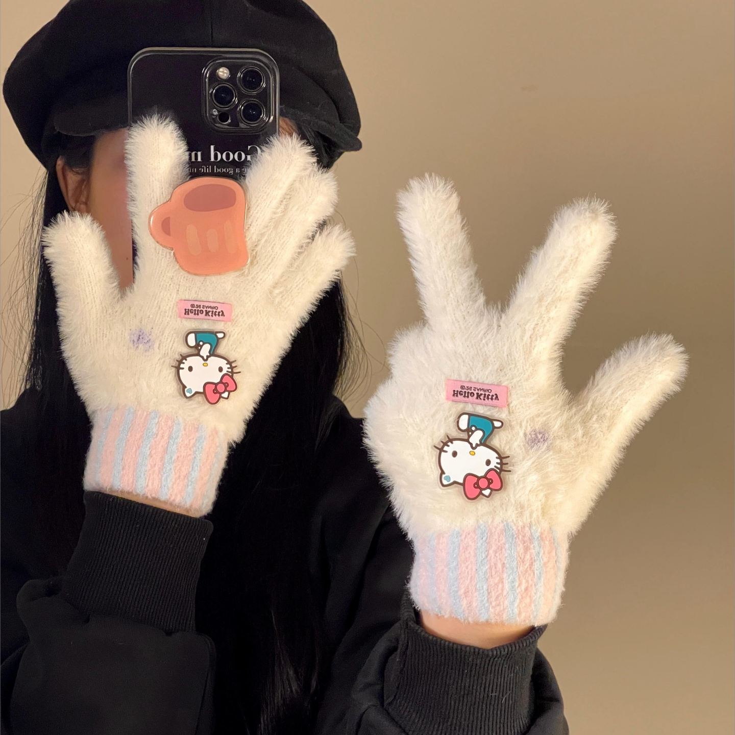 凯蒂猫hellokitty五指毛绒手套白色女士冬天高颜值骑行手套保暖