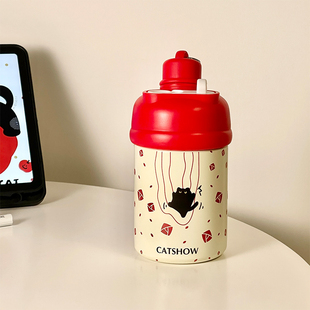 可爱猫咪保温杯一盖双饮学生高颜值不锈钢女生便携水杯子2024新款