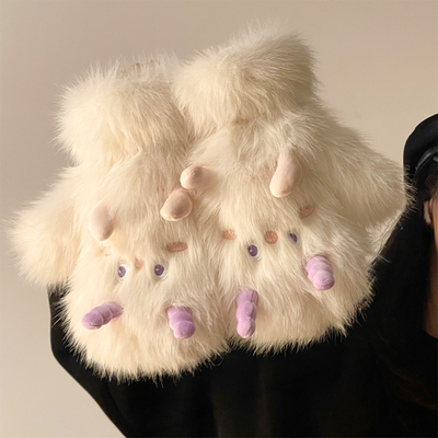 女生可爱毛茸茸手套挂脖毛绒骑行