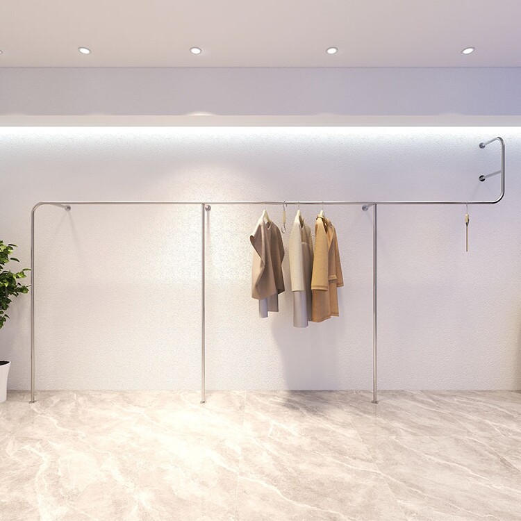 服装店不锈钢拉丝上墙壁挂展示架落地挂衣架个性架子陈列架正侧挂