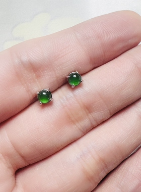 天然A货翡翠镀银满绿玉石耳钉时尚百搭满绿满色蛋面气质多样性