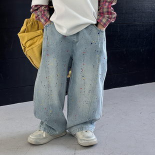 男童秋季手绘泼墨牛仔裤2025新款洋气儿童时尚百搭秋款休闲阔腿裤