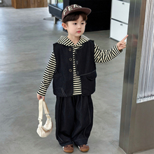 男童秋季牛仔套装25新款时髦男孩牛仔马甲条纹卫衣三件套韩系秋装