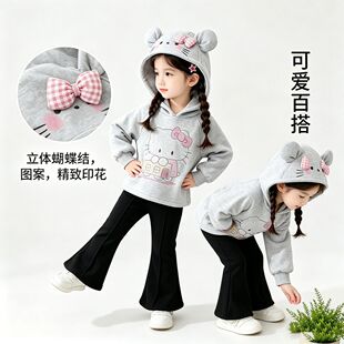 外贸女童加绒连帽卫衣套装秋冬新款立体蝴蝶结喇叭裤两件套装