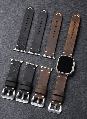 复古头层牛皮表带适用苹果手表Iwatch8/S10印花49mm粗狂男士表带