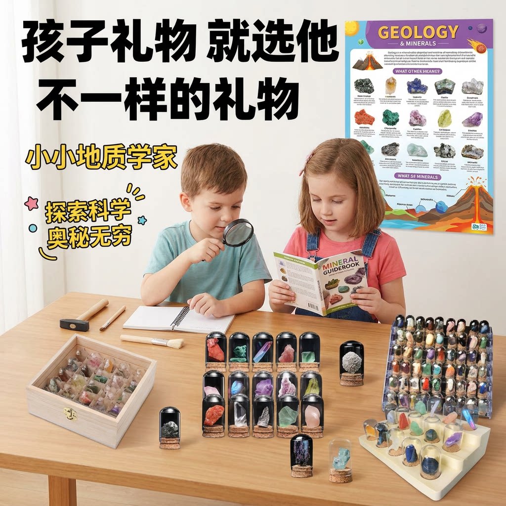 天然水晶原石矿石摆件多种矿物晶体标本儿童宝石科普教学礼物玩具