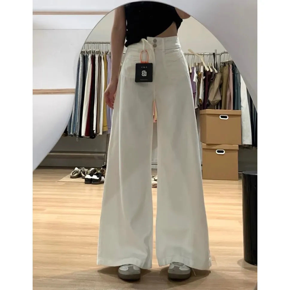 美式复古白色阔腿牛仔裤女新款高腰宽松显瘦垂感百搭阔腿拖地裤潮