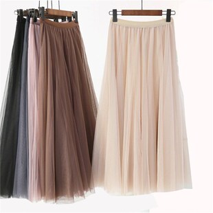 2025新款半身裙子仙女超仙森系配毛衣杏色网纱中长款白色纱裙