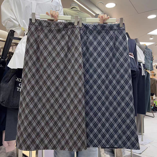加绒加厚复古毛呢黑色格子高腰中长款直筒裙半身裙女秋冬款裙子