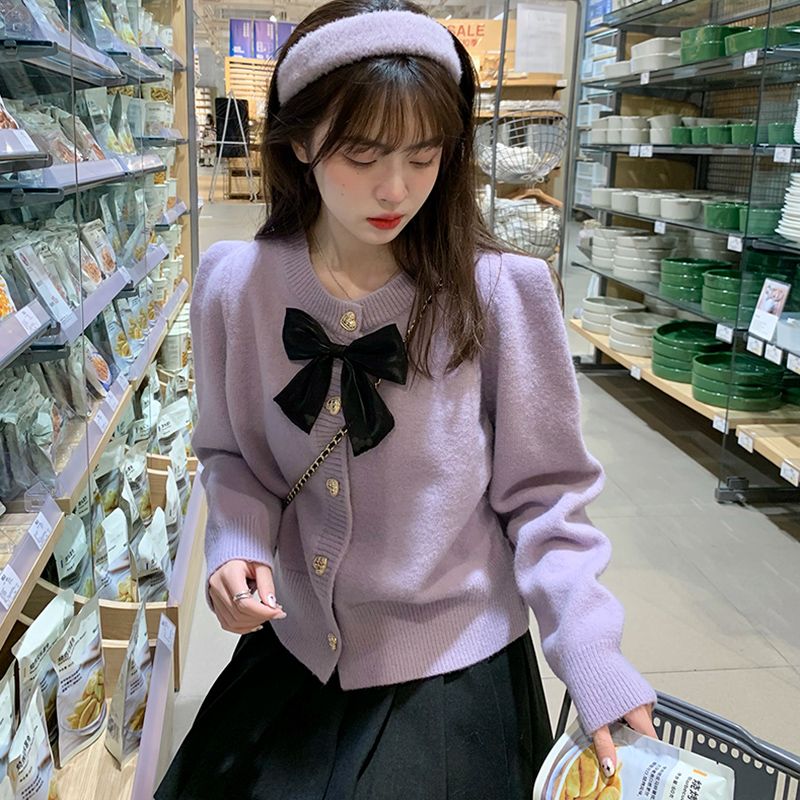 晨领日系甜美香芋紫蝴蝶结针织开衫女新款秋款小香风毛衣外套外穿