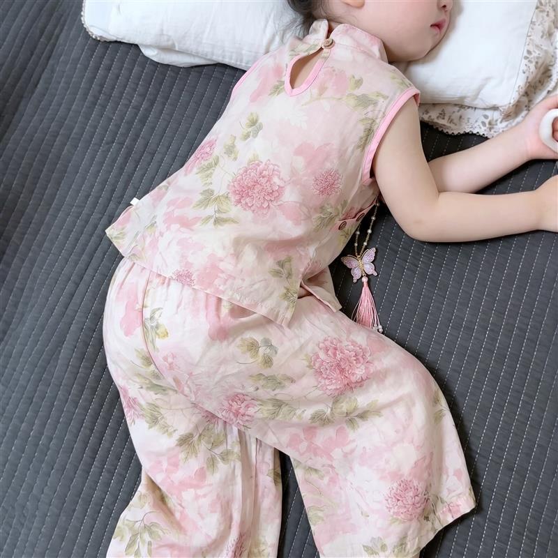 儿童a类棉绸套装女童无袖背心裤子两件套中大童可外穿国风家居服