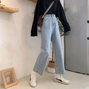 夏季韩版chic复古高腰直筒牛仔裤女显瘦百搭学生宽松阔腿九分裤潮