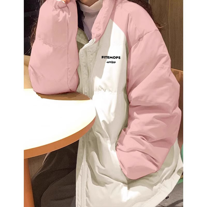 小众插肩袖拼色棉服面包服女