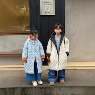 童外套2025冬季韩版男女童中长款绗线加厚外套儿童连帽双面穿棉服