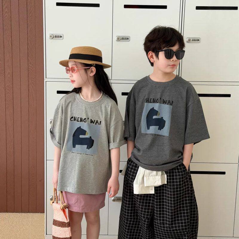 末小蒙童T恤2026夏季男童女童韩版字母小马短袖儿童圆领休闲上衣