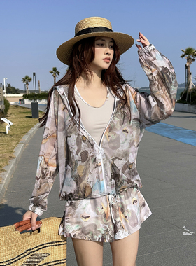 大码胖mm女泳衣分体三件套罩衫沙滩长袖保守遮肉显瘦宽松200g新款