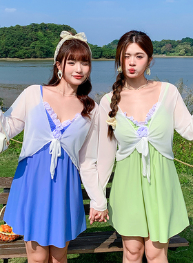 美女泳衣连体裙式带罩衫吊带性感纯欲泡温泉大码胖mm遮肉显瘦韩国