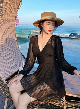 新款钢托聚拢胸性感深V泳衣女大码胖mm遮肚显瘦长袖防晒温泉200斤